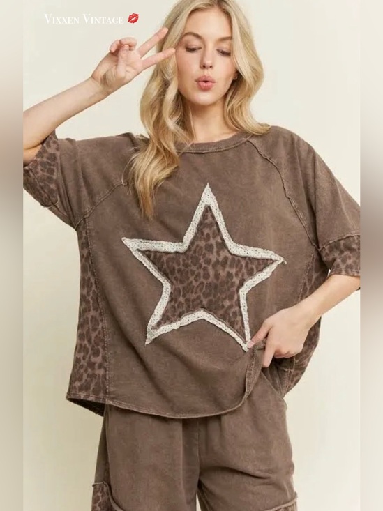 J.Her Tops - J.HER RELAXED LACE TRIM 'WILD STAR LEOPARD PATCH TEE' IN ASH BLACK